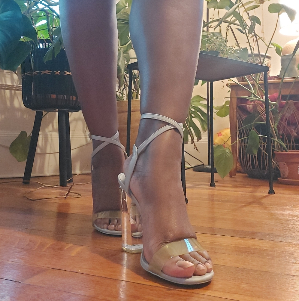 Light blue open toe cross-ankle heels